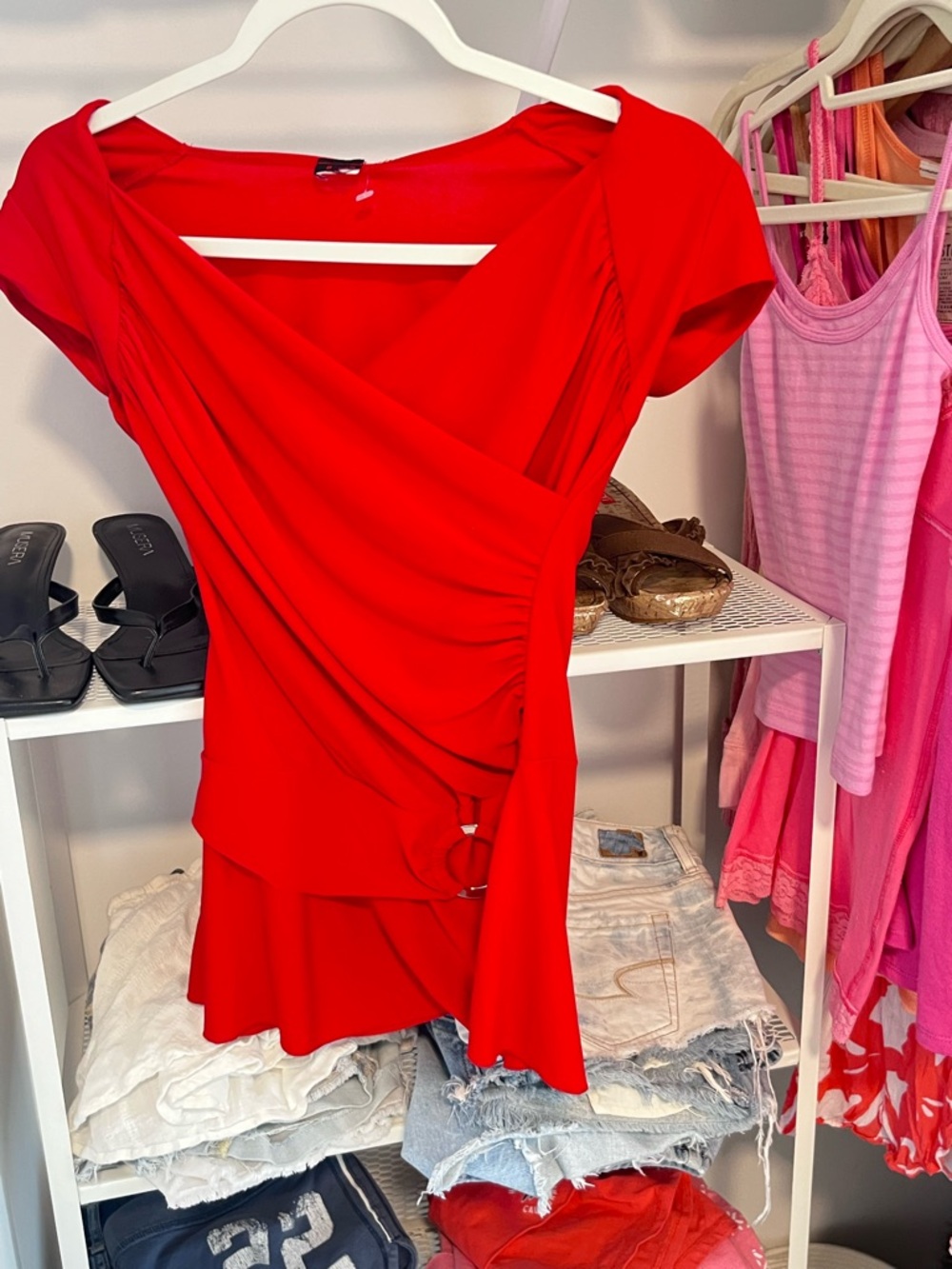 Y2K 2000s Red Draped Short Sleeve Dress